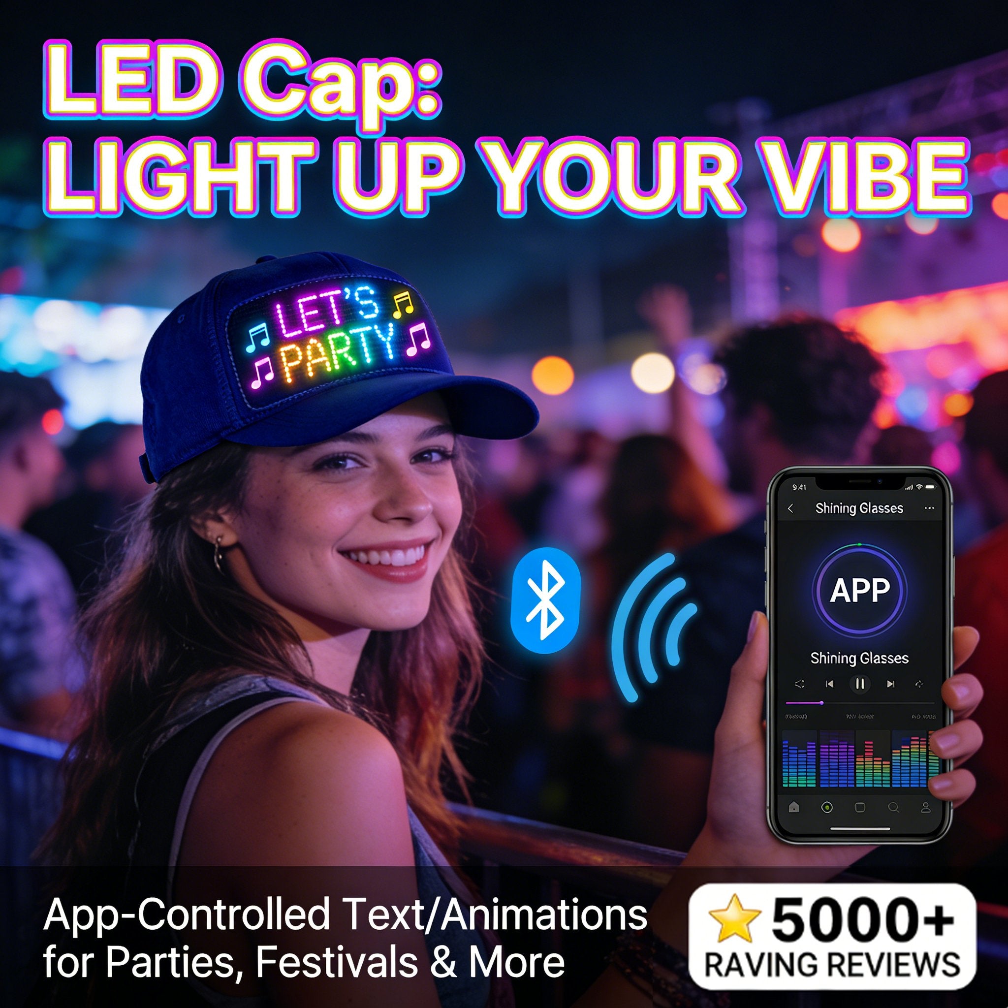 LED Cap - Multi-Language App Controlled Light-Up Hat (Text, Music, Image, Drawing) for Party, Club, Christmas, Halloween & More!