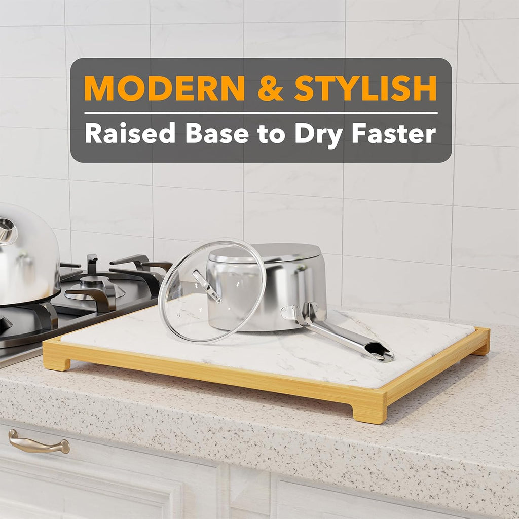 Stone Drying Mat for Kitchen Counter, Bamboo Rack Dish Pad
