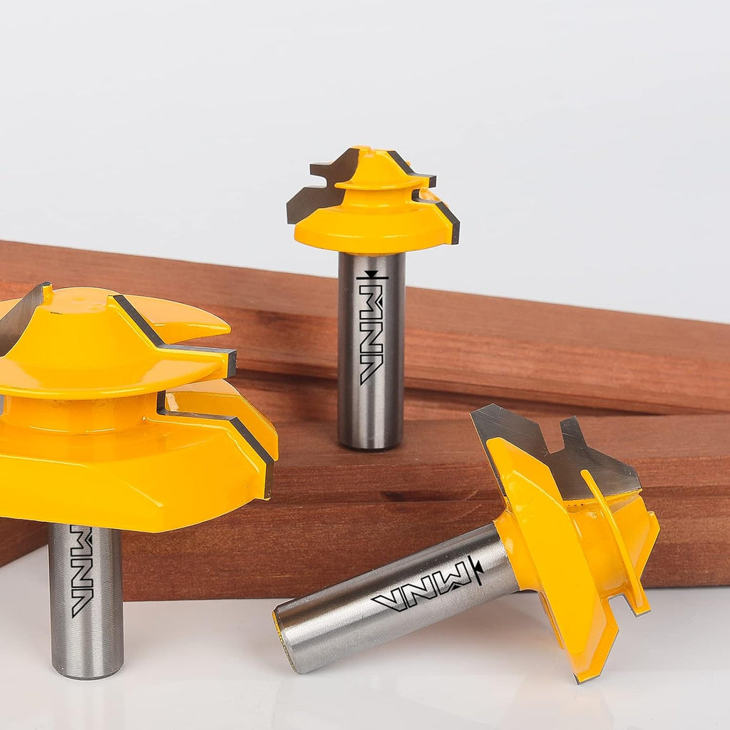 45 Degree Lock Miter Router Bit 3-Piece Set, for 1/2”, 3/4”, 1” Cutting Height, 1/2 Inch Shank.