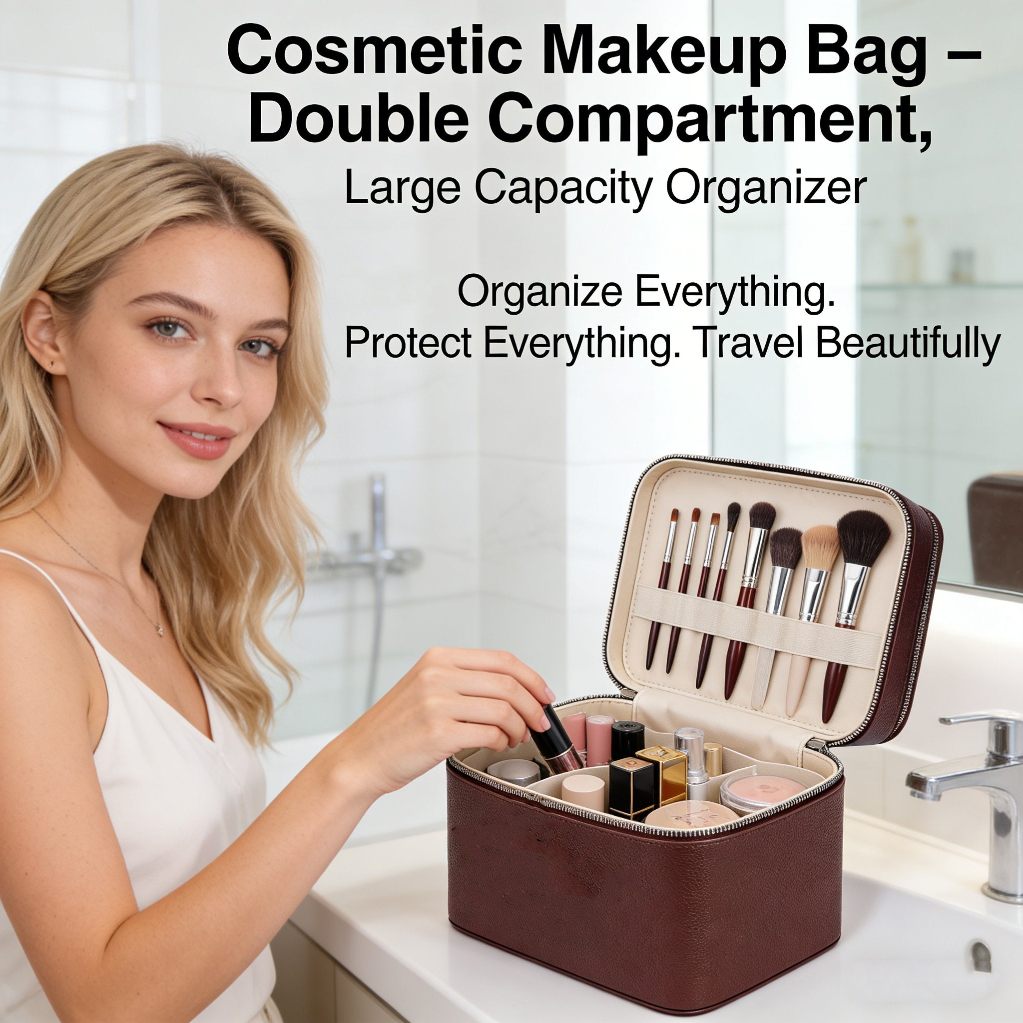 Cosmetic Makeup Bag – Double Compartment, Large Capacity Organizer 💄✨