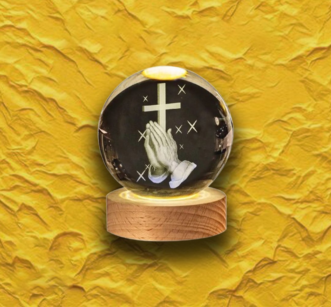 3D Engraved Crystal Ball Night Light | LED Wooden Base with Touch Switch - Perfect Gift Symbolizing Christ’s Presence
