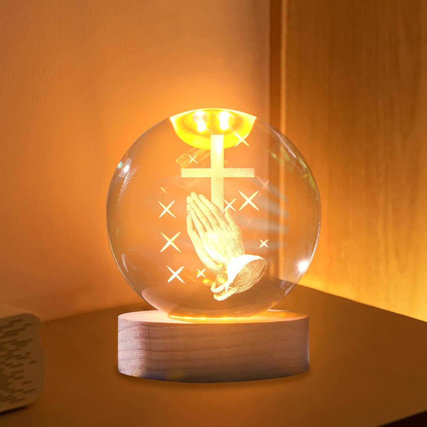 3D Engraved Crystal Ball Night Light | LED Wooden Base with Touch Switch - Perfect Gift Symbolizing Christ’s Presence