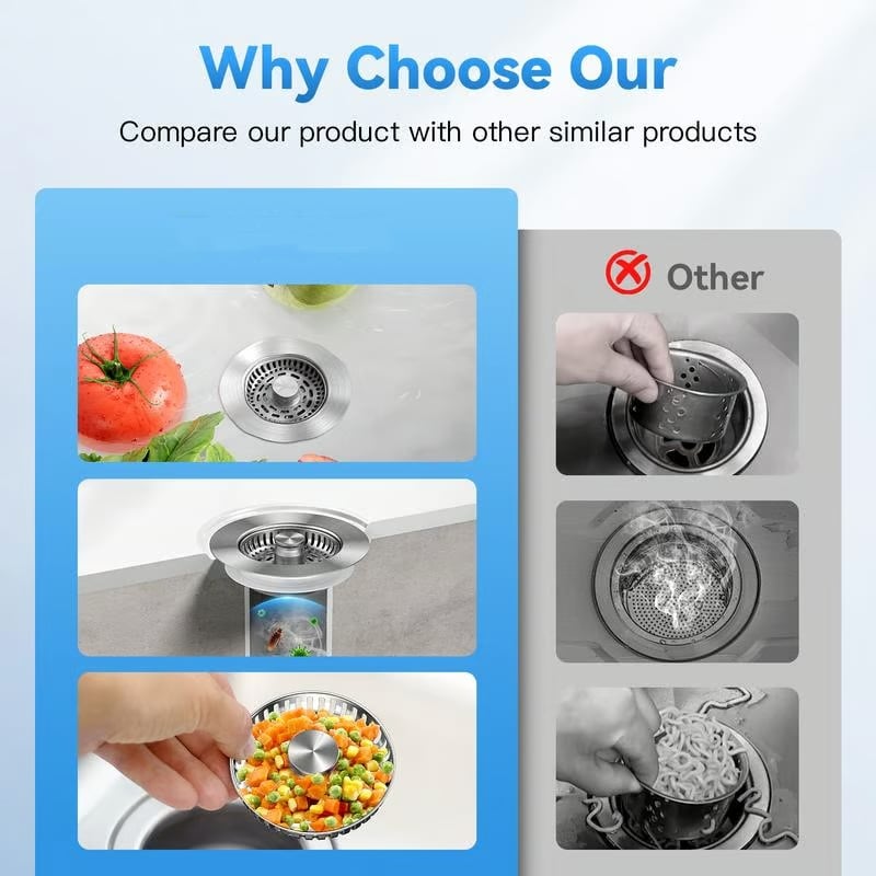 3-in-1 Kitchen Sink Drain Strainer,Stainless Steel Sink Plug, Deodorizing Anti-ClogBasket Strainer for US Standard 3-1/2 Inch Drains