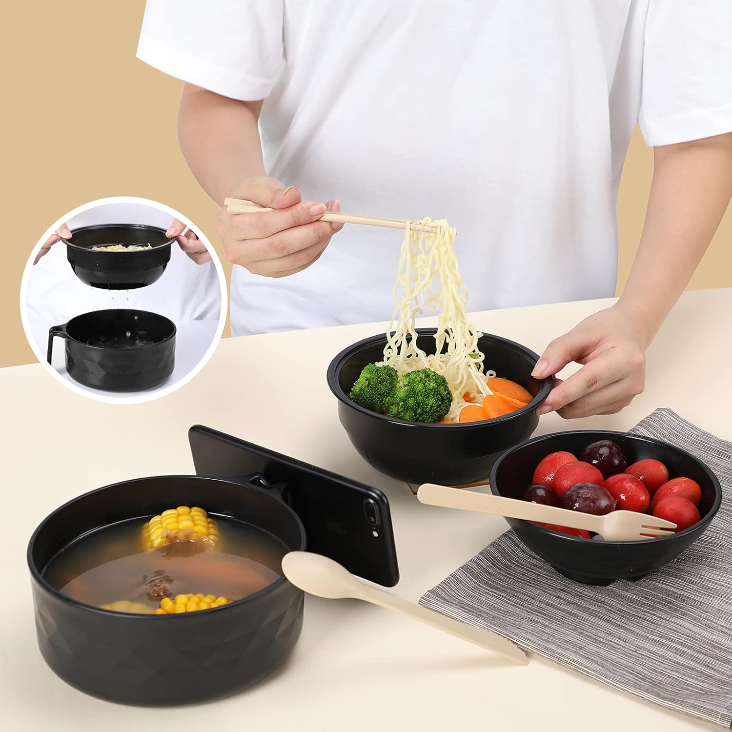 Title: Microwave Ramen Bowl Set – Wheat Straw Instant Noodle Bowl with Handles, Spoon, Chopsticks, Fork