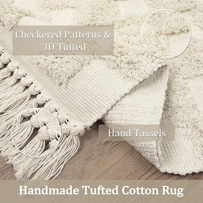 Boho Checkerboard Tufted Rug – Handmade Cotton Rug with Tasseled Edges