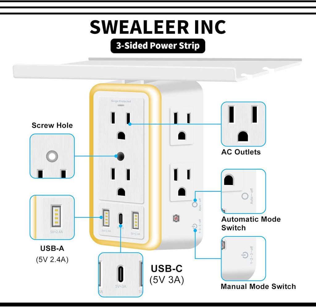 Outlet Extender, 3-Sided Power Strip, (5V 3.4A)