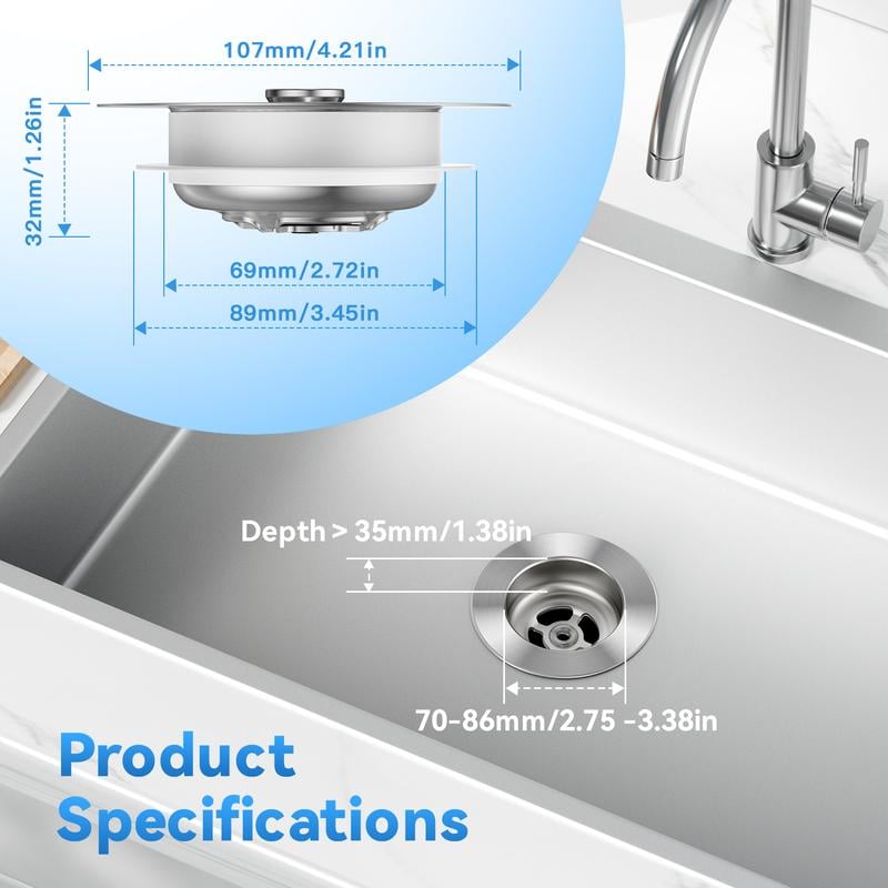 3-in-1 Kitchen Sink Drain Strainer,Stainless Steel Sink Plug, Deodorizing Anti-ClogBasket Strainer for US Standard 3-1/2 Inch Drains