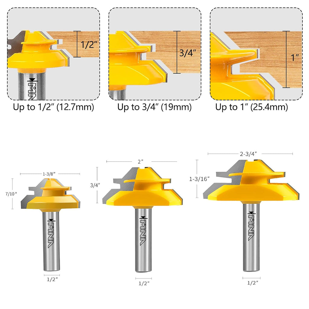 45 Degree Lock Miter Router Bit 3-Piece Set, for 1/2”, 3/4”, 1” Cutting Height, 1/2 Inch Shank.