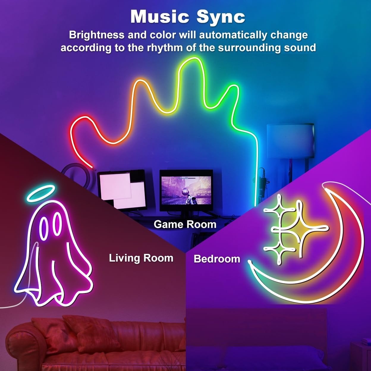 🌈9.8ft RGBICW Neon LED Strip Lights – Music Sync & App-Controlled Ambient Lighting