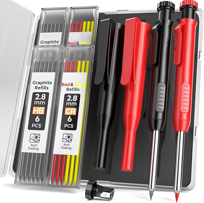 Heavy-Duty Carpenter Pencil with 21 Refill Leads & Built-In Sharpener – Ideal for Precision Marking in Woodworking, Metal, Concrete, and More