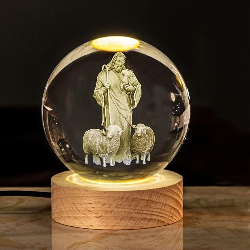 3D Engraved Crystal Ball Night Light | LED Wooden Base with Touch Switch - Perfect Gift Symbolizing Christ’s Presence