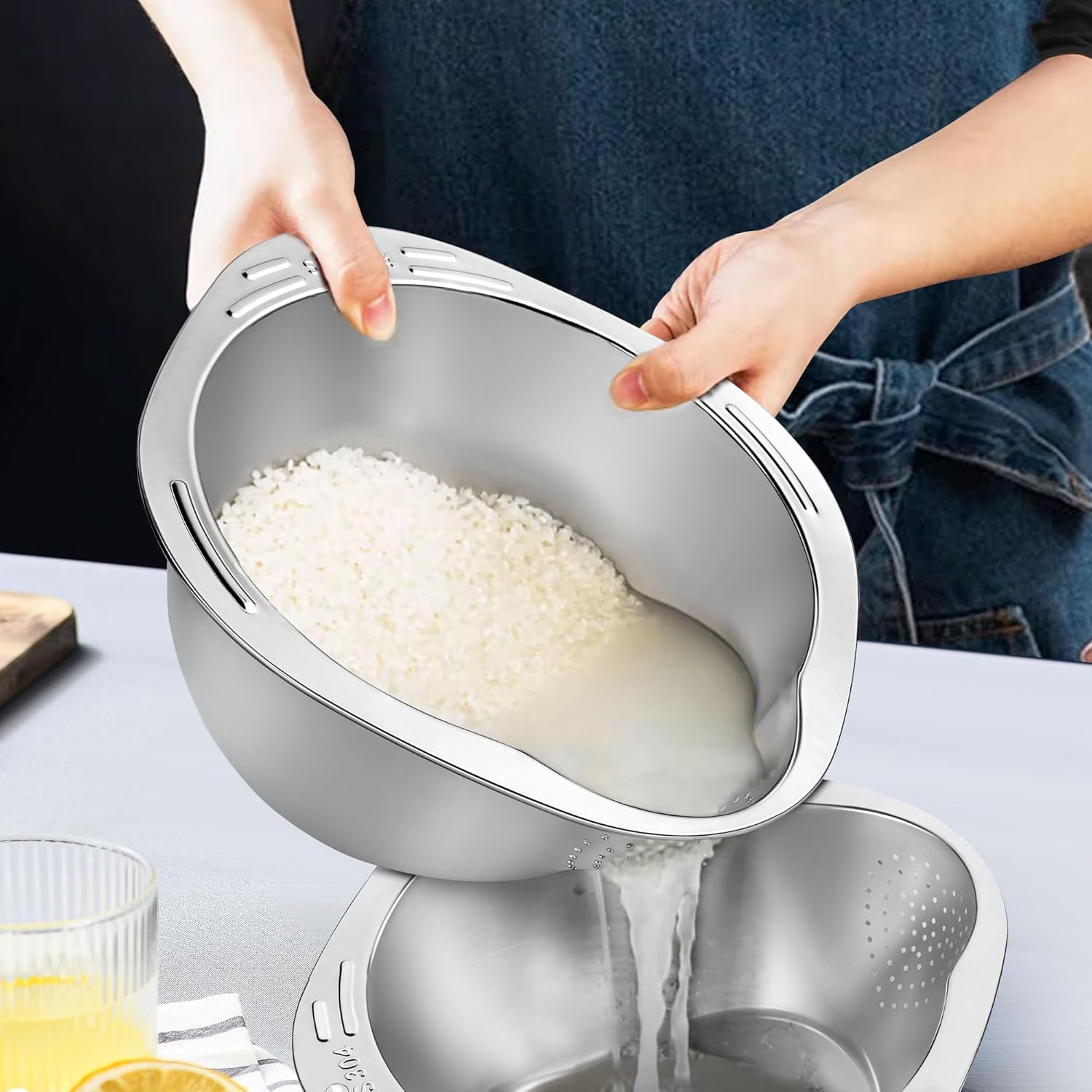 🍚 Stainless Steel Rice Washer & Strainer Bowl