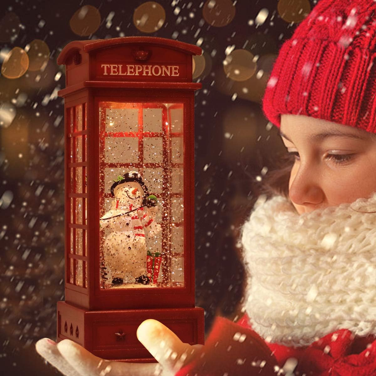 Christmas tree snow globe - glittering winter snow phone booth