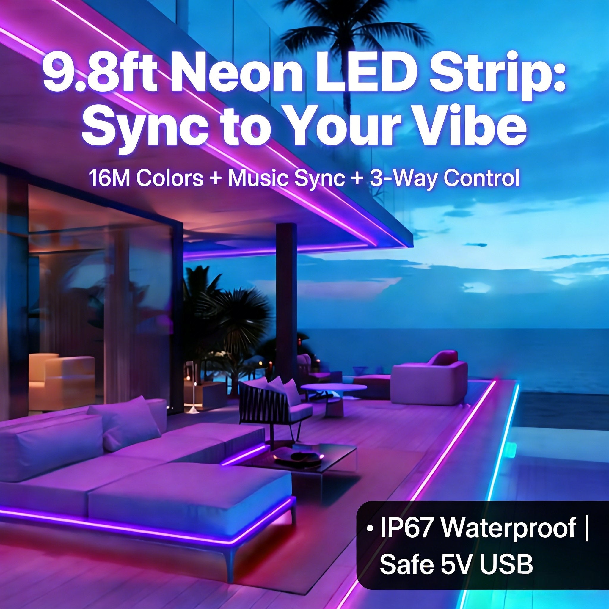 🌈9.8ft RGBICW Neon LED Strip Lights – Music Sync & App-Controlled Ambient Lighting