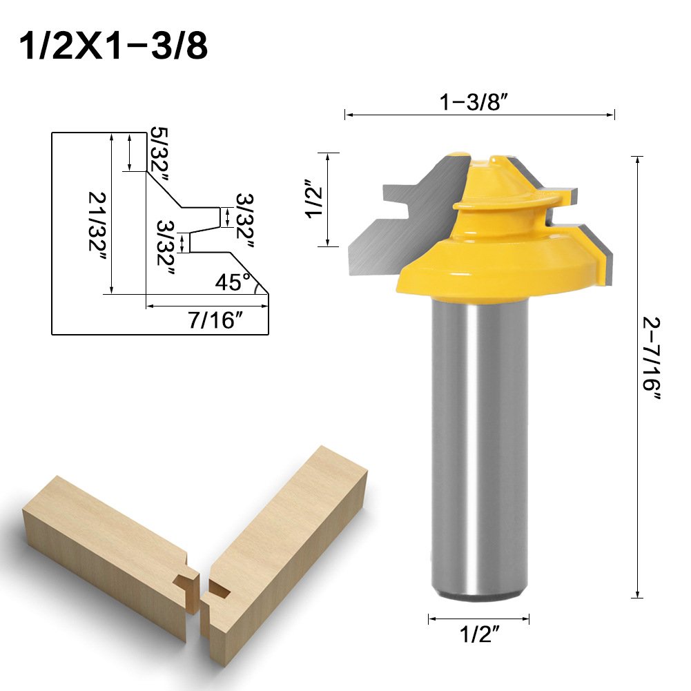 45 Degree Lock Miter Router Bit 3-Piece Set, for 1/2”, 3/4”, 1” Cutting Height, 1/2 Inch Shank.