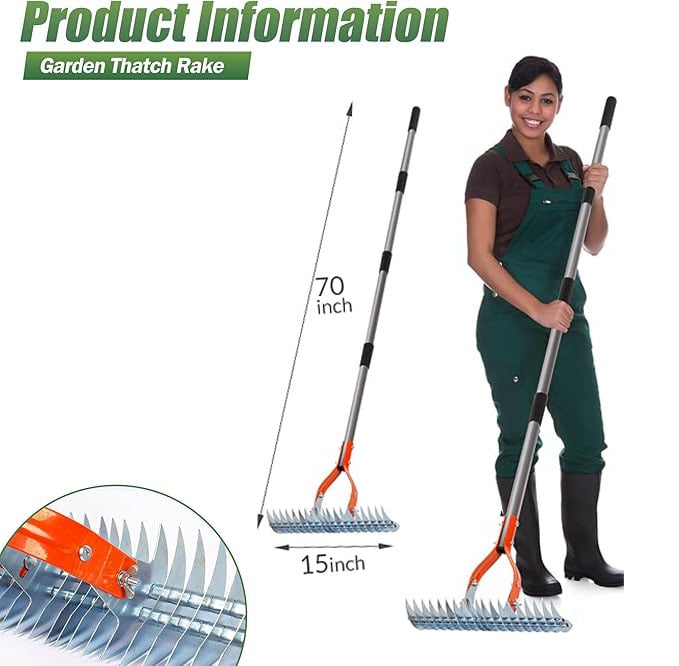 15-inch Lawn Thatch Rake-👍Adjustable (Overall length 70 inches)