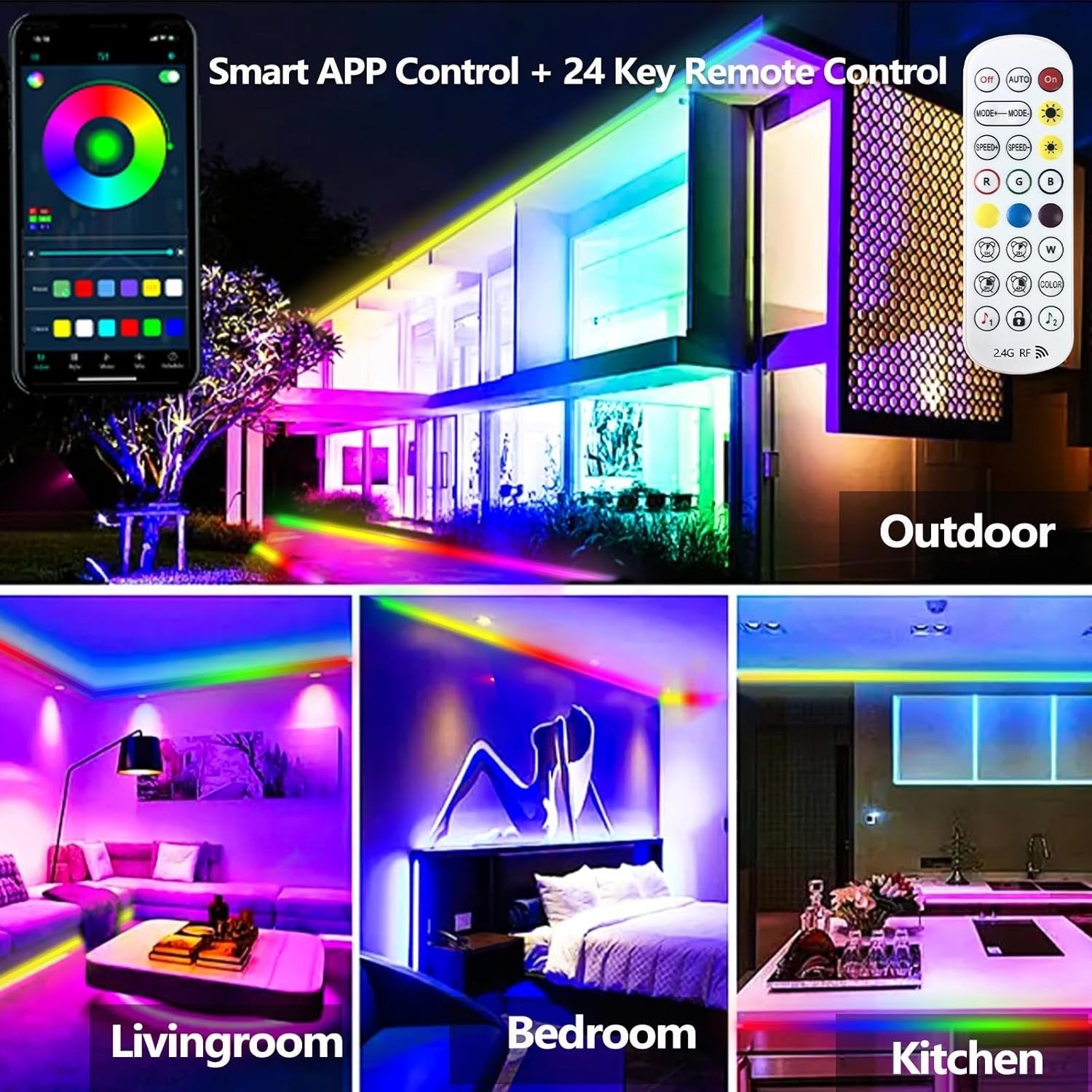 🌈9.8ft RGBICW Neon LED Strip Lights – Music Sync & App-Controlled Ambient Lighting