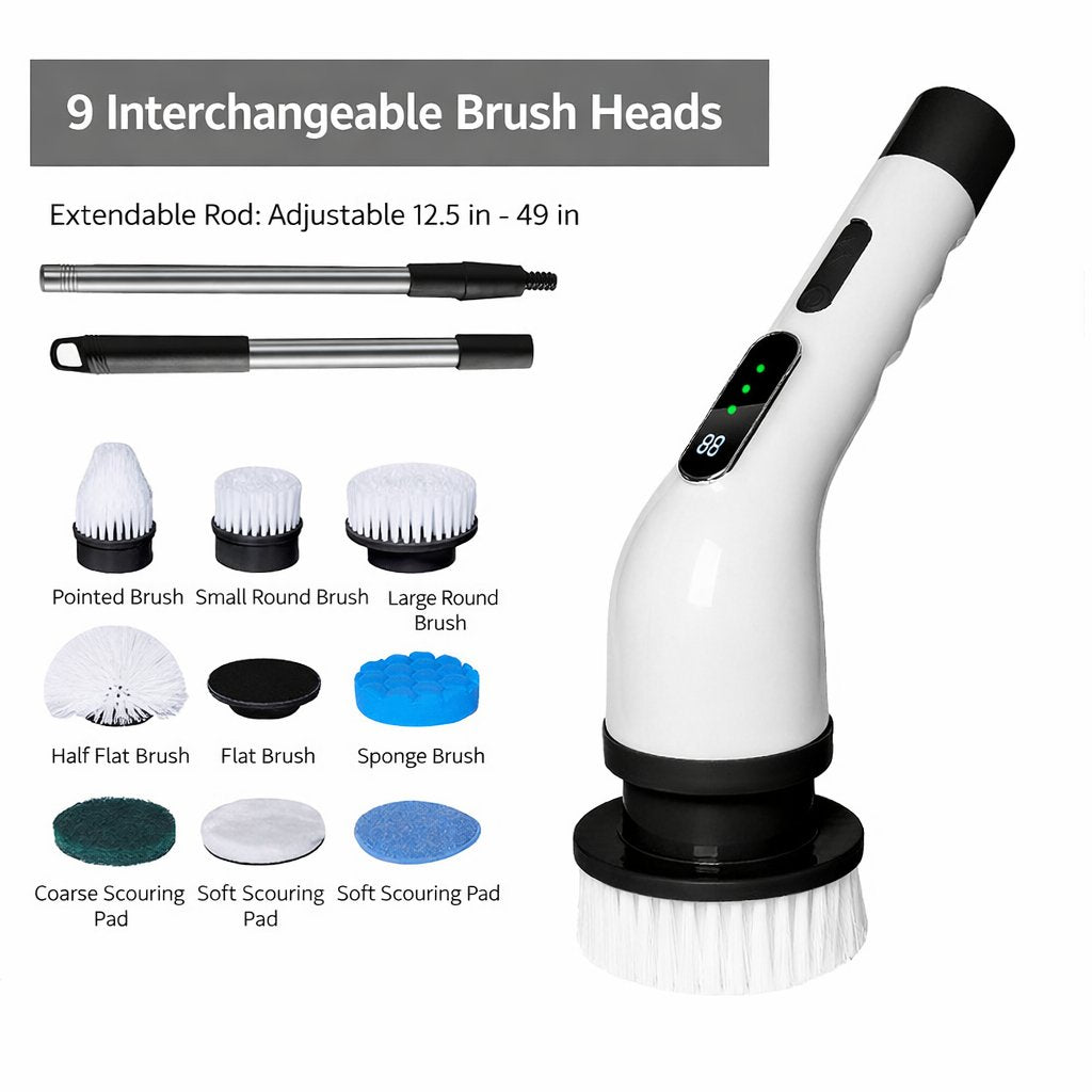 Electric Rotating Cleaning Brush-Cordless Power Scrubber with 9 Replaceable Brush Heads