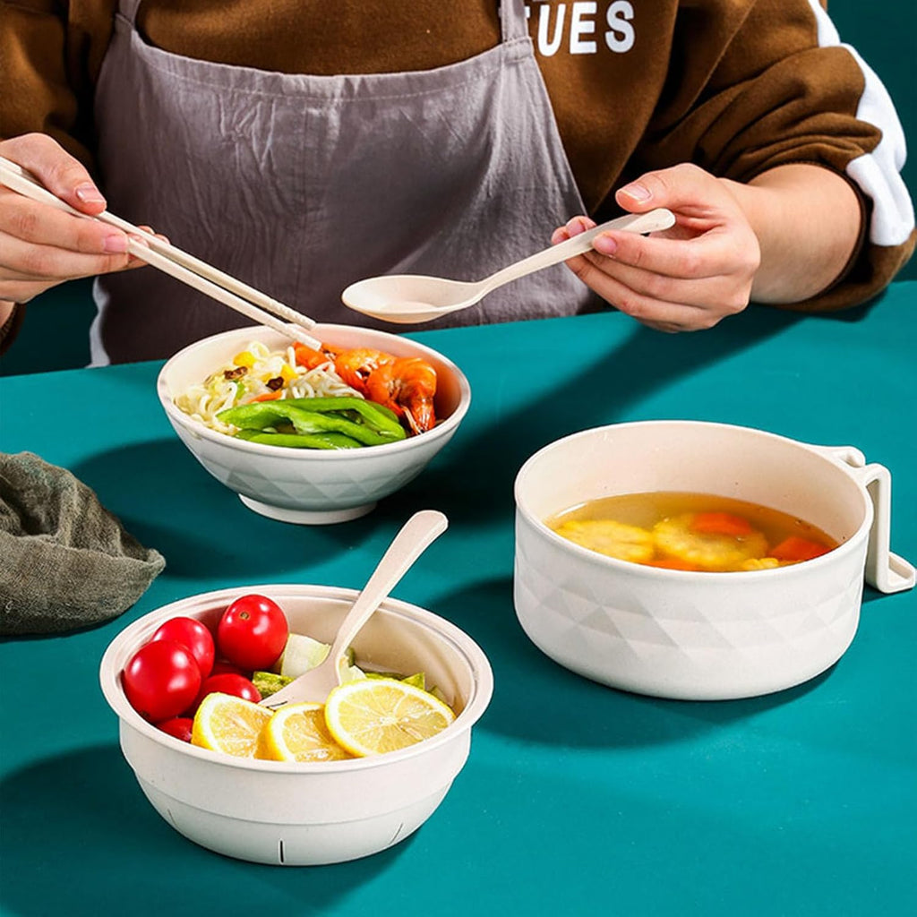 Title: Microwave Ramen Bowl Set – Wheat Straw Instant Noodle Bowl with Handles, Spoon, Chopsticks, Fork