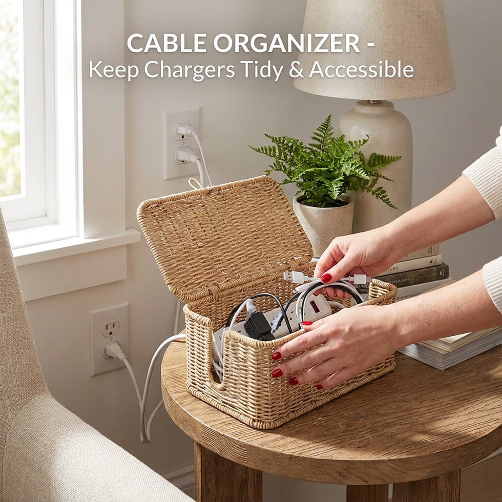 Handwoven Rattan Cable Management Box