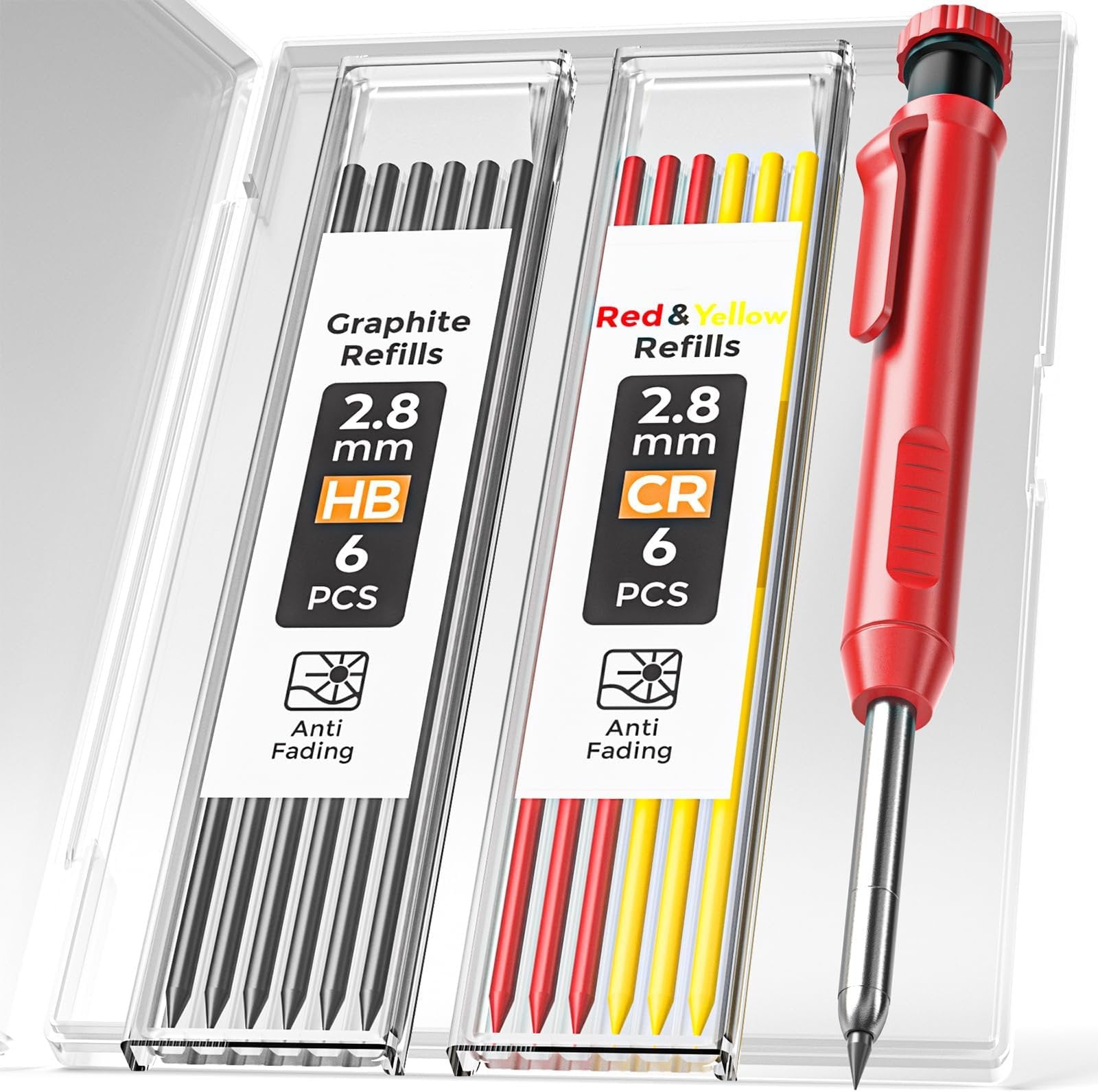 Heavy-Duty Carpenter Pencil with 21 Refill Leads & Built-In Sharpener – Ideal for Precision Marking in Woodworking, Metal, Concrete, and More