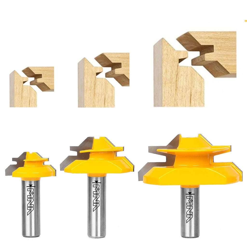 45 Degree Lock Miter Router Bit 3-Piece Set, for 1/2”, 3/4”, 1” Cutting Height, 1/2 Inch Shank.
