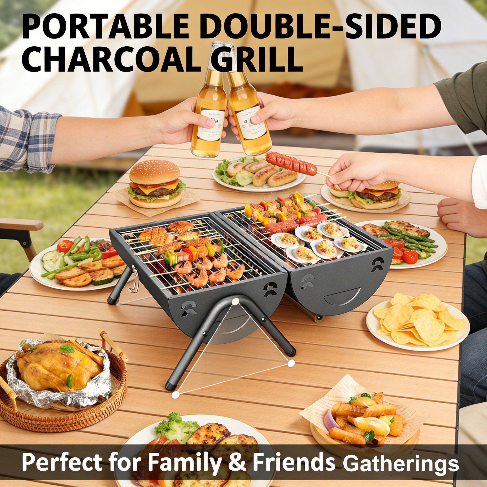Portable Double-Sided Charcoal Grill – Compact, Sturdy, and Perfect for Grilling & Camping 🍖🔥