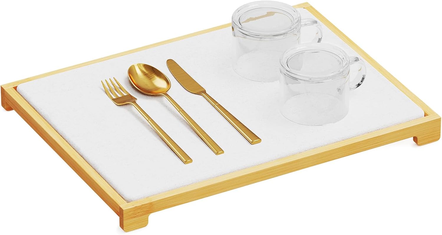 Stone Drying Mat for Kitchen Counter, Bamboo Rack Dish Pad