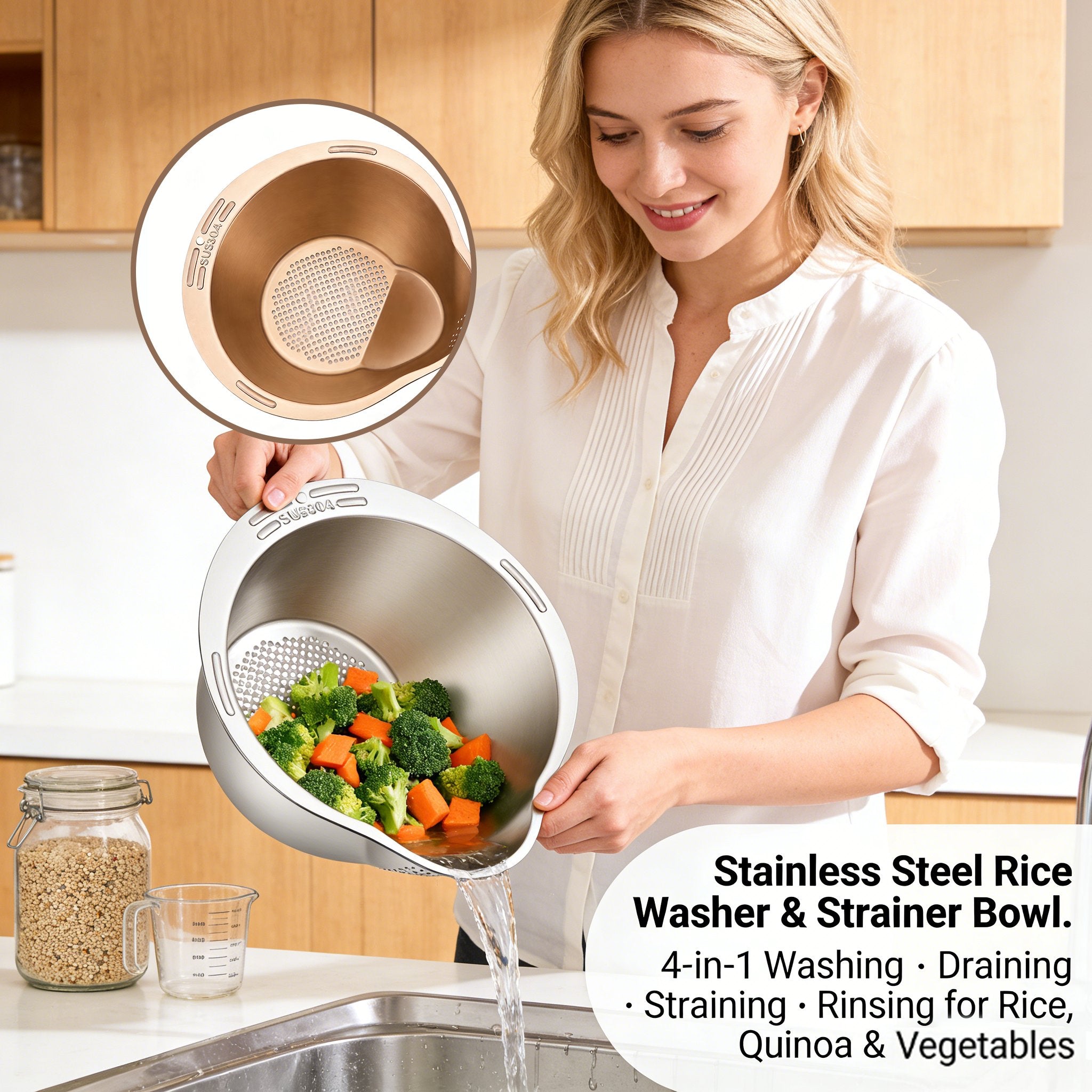 🍚 Stainless Steel Rice Washer & Strainer Bowl