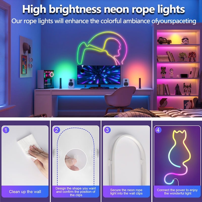 🌈9.8ft RGBICW Neon LED Strip Lights – Music Sync & App-Controlled Ambient Lighting