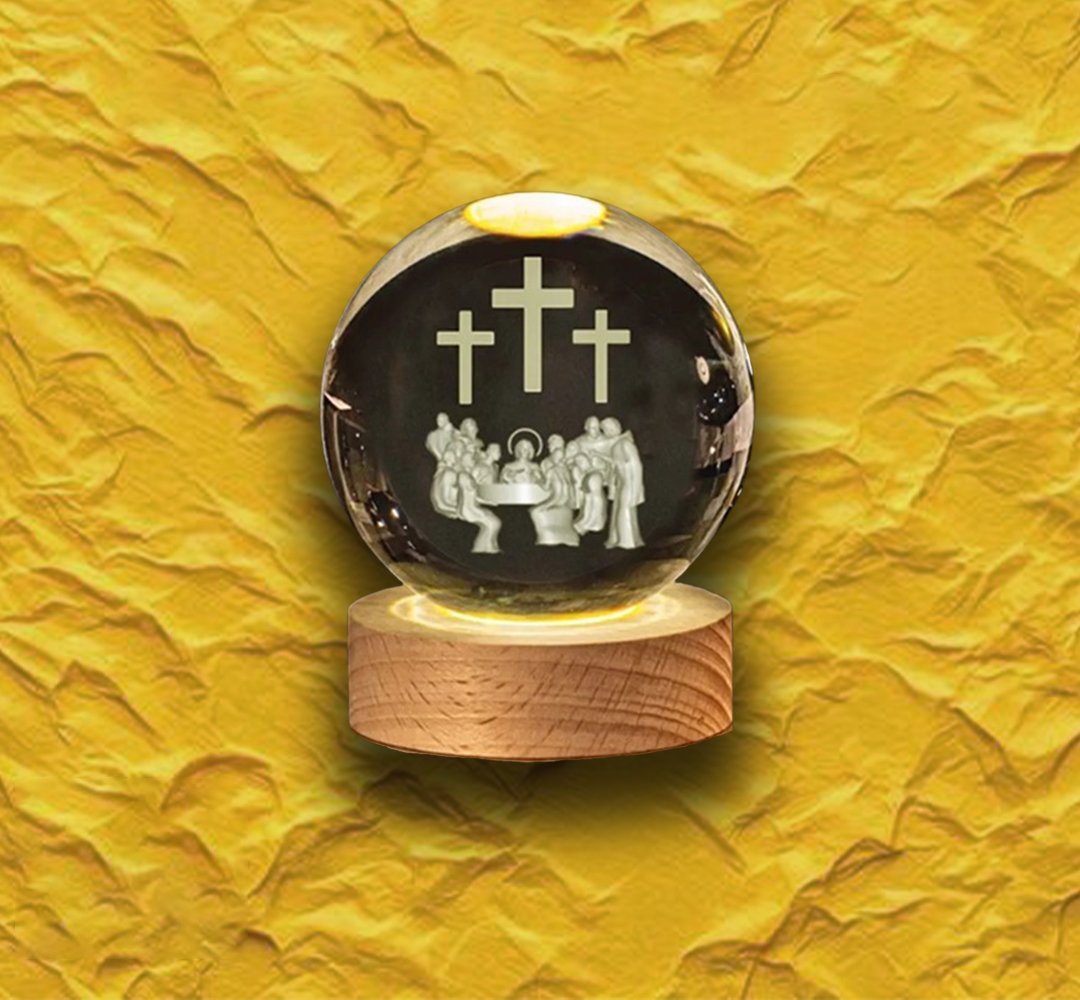 3D Engraved Crystal Ball Night Light | LED Wooden Base with Touch Switch - Perfect Gift Symbolizing Christ’s Presence