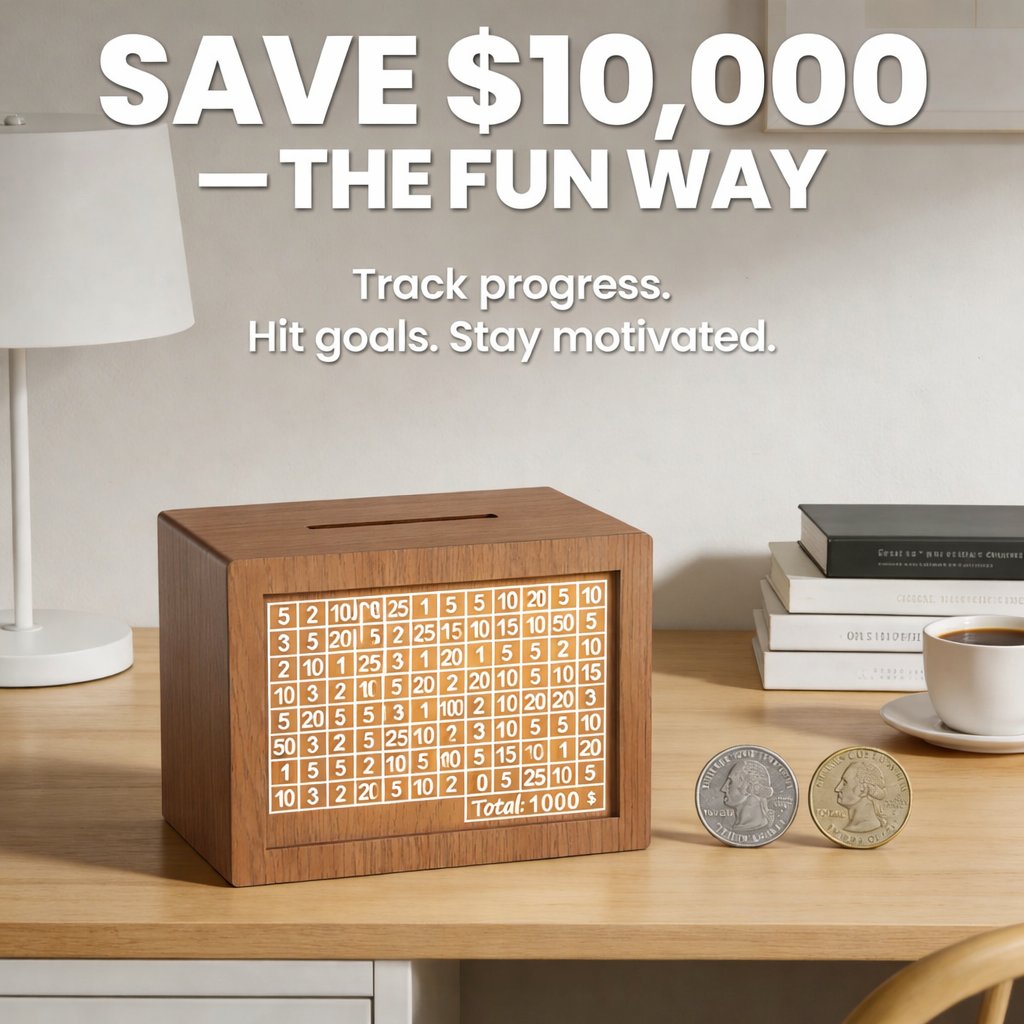 Cash Vault Wooden Savings Box – $10,000 Money Box with Coin Counter