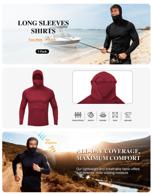 🎁Each only $11.99🎁3 PACKS Men's Athletic Hoodies Long Sleeve Fishing Shirts for Men Hooded Set with Face Mask
