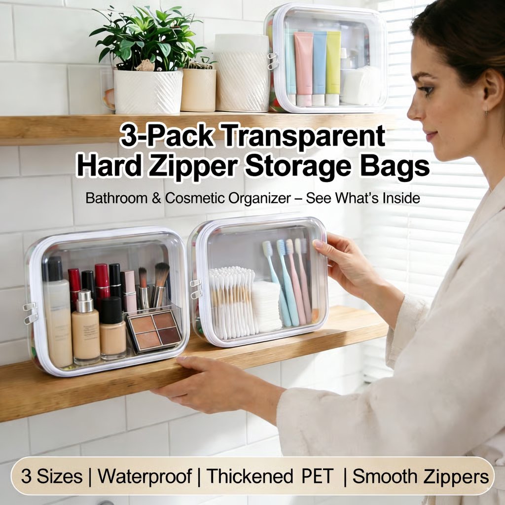 3-Pack Transparent Hard Zipper Storage Bags – Keep Your Essentials Organized, Wherever You Go! ✨