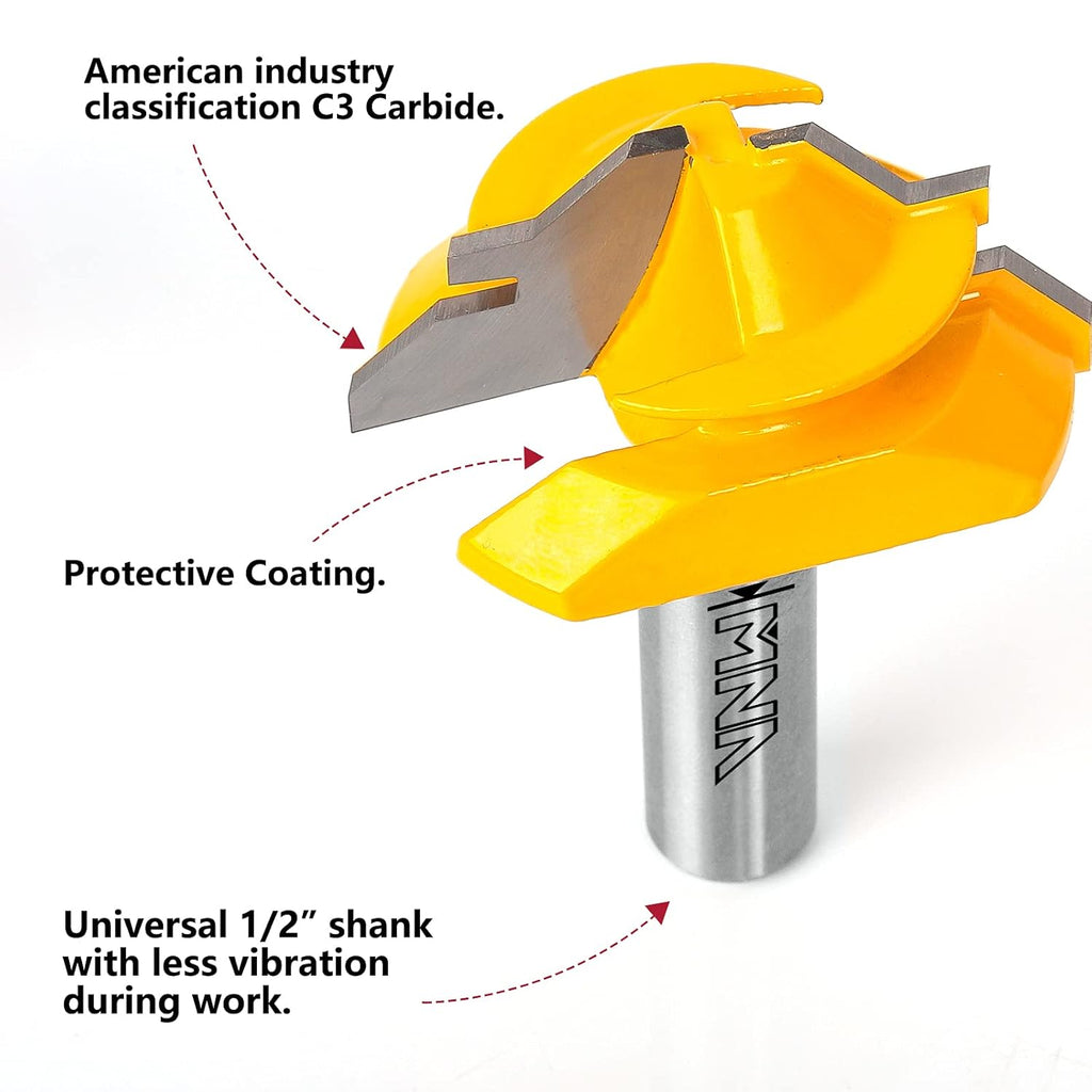 45 Degree Lock Miter Router Bit 3-Piece Set, for 1/2”, 3/4”, 1” Cutting Height, 1/2 Inch Shank.