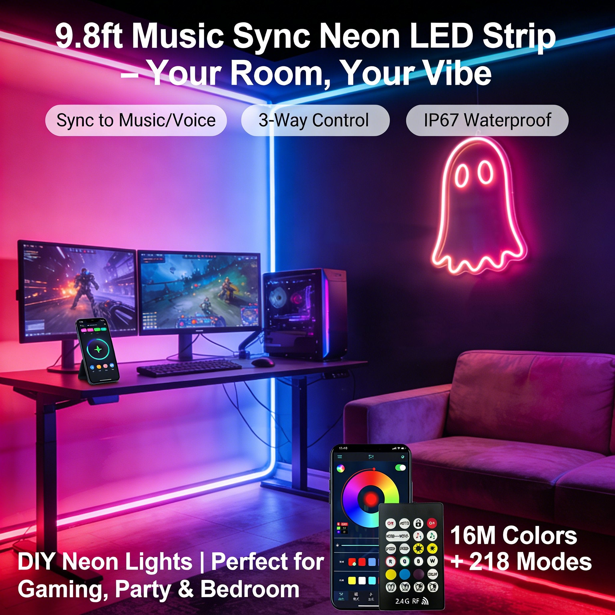 🌈9.8ft RGBICW Neon LED Strip Lights – Music Sync & App-Controlled Ambient Lighting