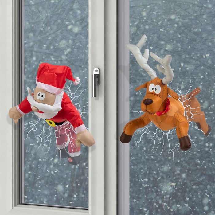 Whimsical Window Surprise: Animated Santa & Reindeer Crash Scene with Sound Activation