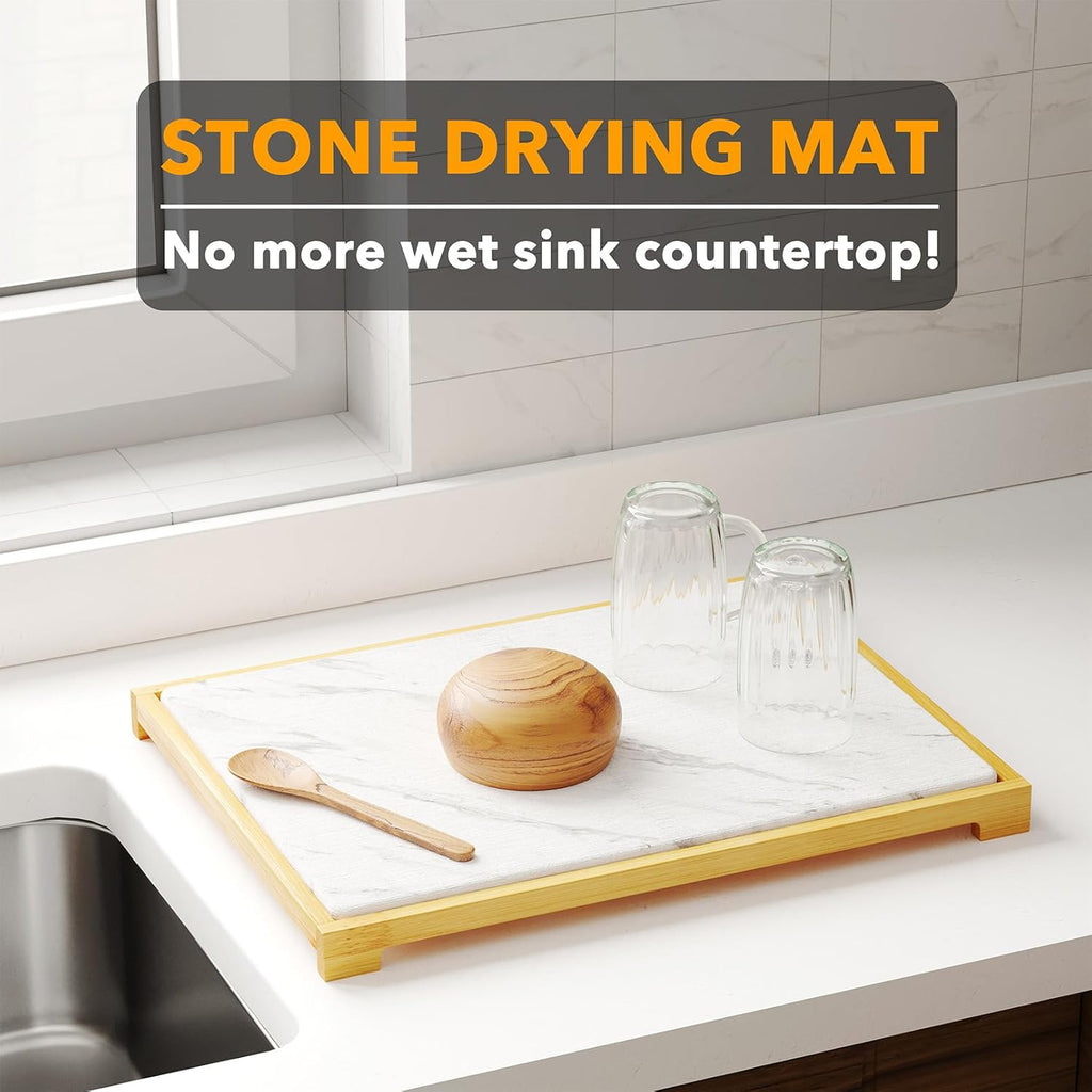 Stone Drying Mat for Kitchen Counter, Bamboo Rack Dish Pad