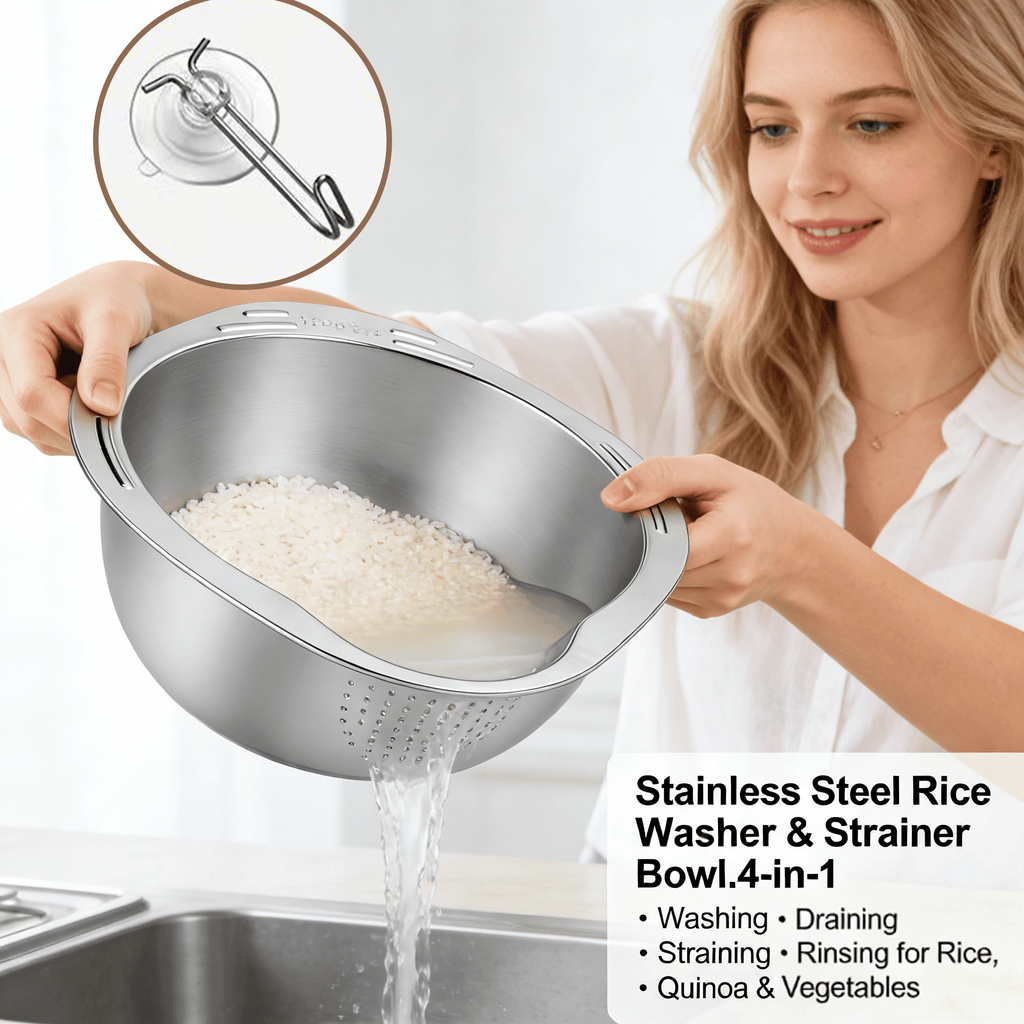 🍚 Stainless Steel Rice Washer & Strainer Bowl