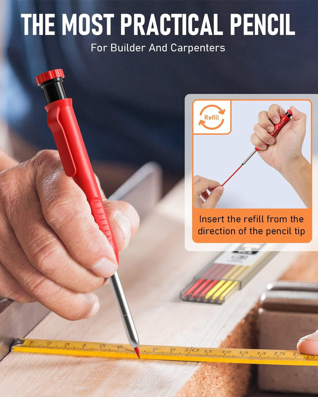 Heavy-Duty Carpenter Pencil with 21 Refill Leads & Built-In Sharpener – Ideal for Precision Marking in Woodworking, Metal, Concrete, and More