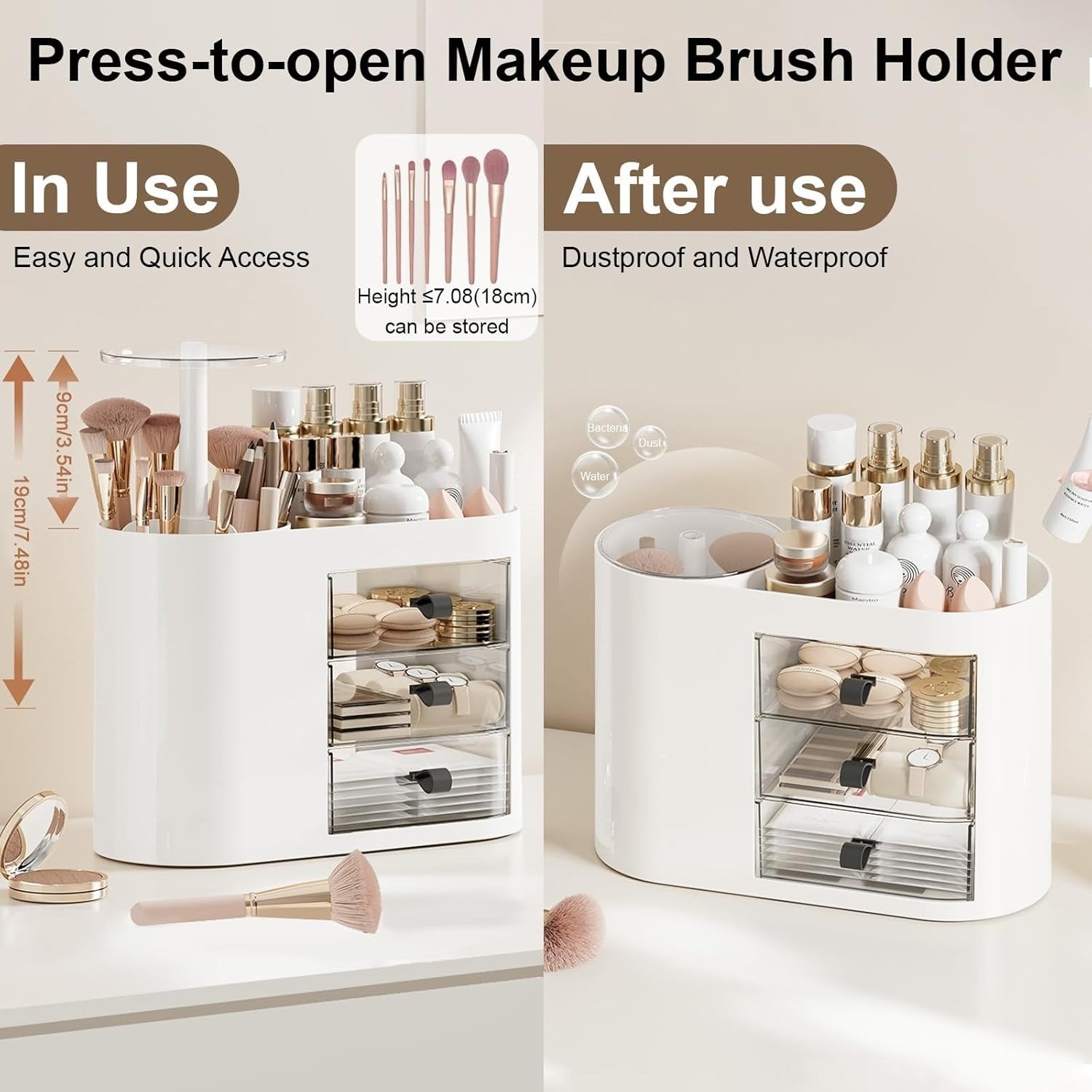 Makeup Organizer with Pop-Up Brush Holder