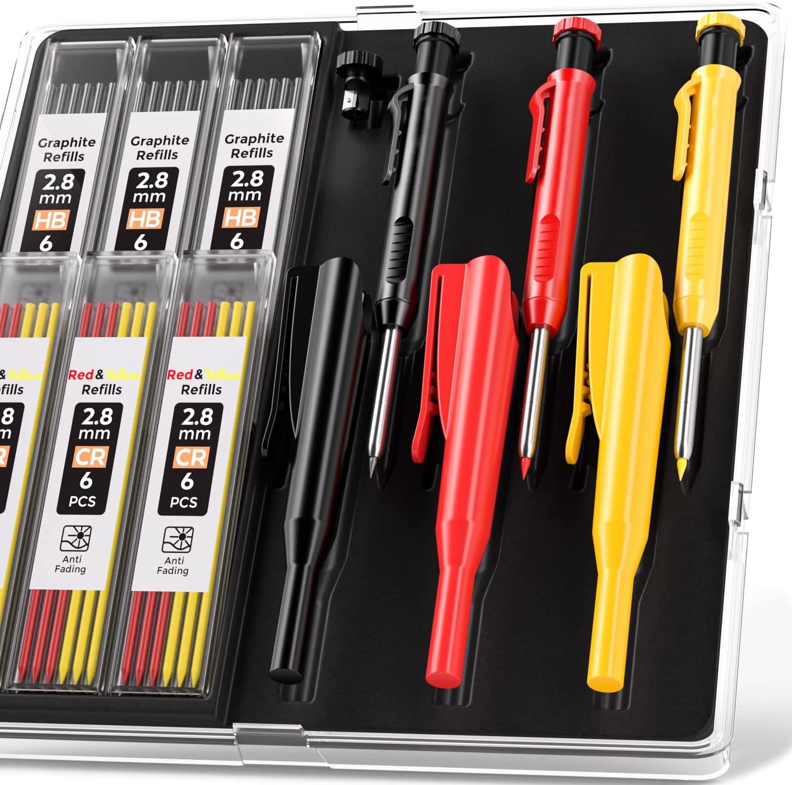 Heavy-Duty Carpenter Pencil with 21 Refill Leads & Built-In Sharpener – Ideal for Precision Marking in Woodworking, Metal, Concrete, and More